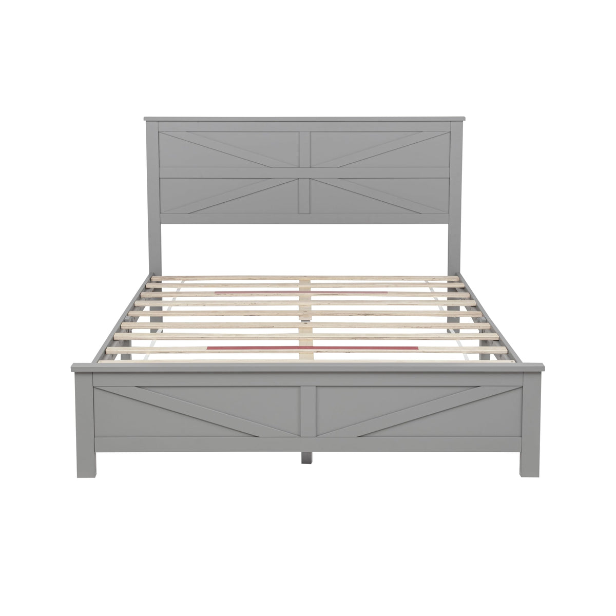 Rustic Platform Bed Frame with Barn Door Design Headboard and Footboard, Pine Wood Bed with Wooden Slats
