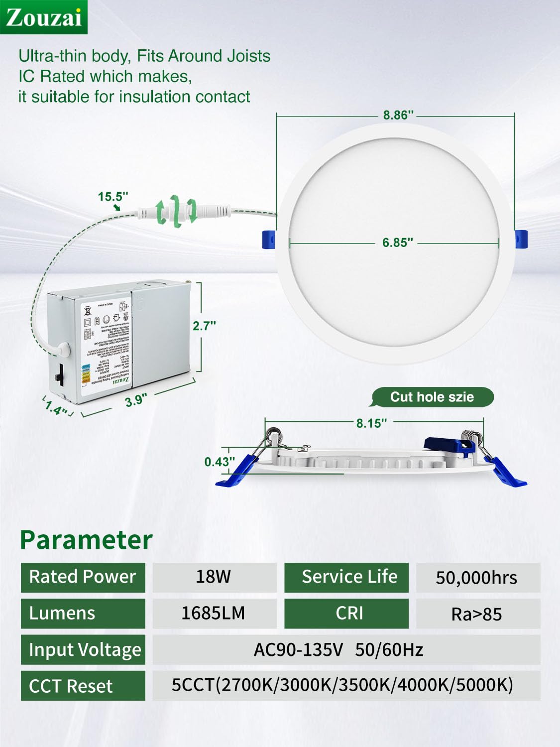 8 Inch LED Recessed Ceiling Light, 5CCT, Dimmable