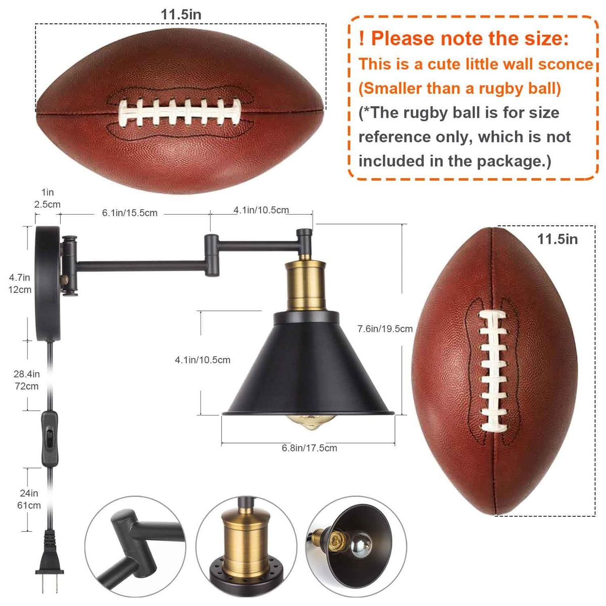 Swing Arm Wall Lamp Plug-in Cord Industrial Wall Sconce, Bronze and Black Finish,with On/Off Switch, E26 Base,1-Light