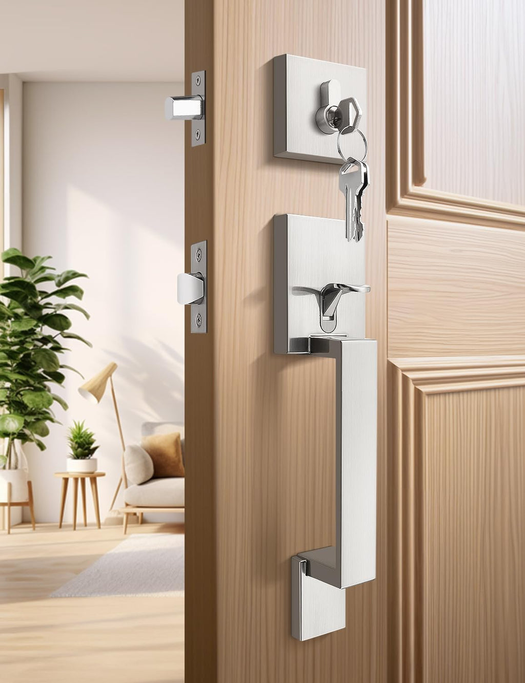 Satin Nickel Front Door Handle and Deadbolt Set for Entry Door