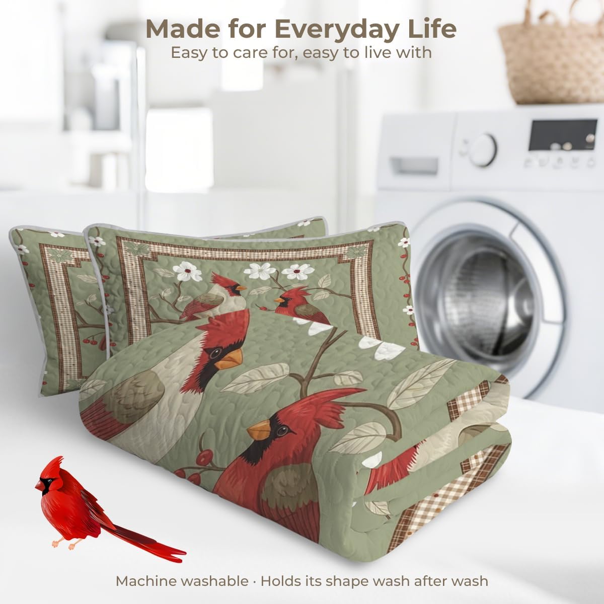 Cardinal Bird Quilt Set Size Farmhouse Floral Country Bedding with Sage Green Background Gingham Border