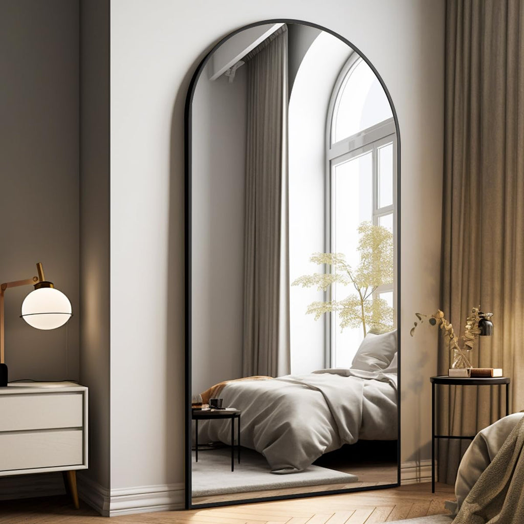 Oversized Full-Body Mirror, 76" x 34" Arched Full-Length Mirror, Black Metal Frame, Floor Mirror, Living/Dressing