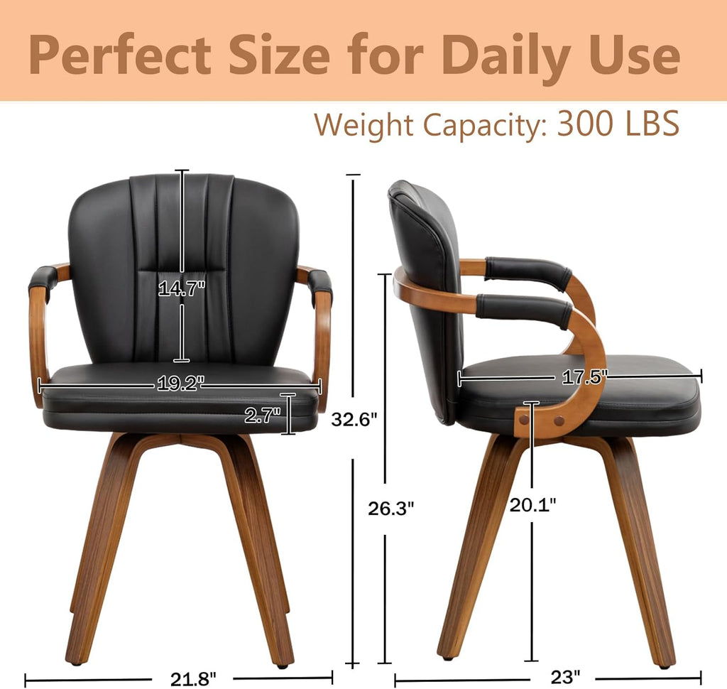 Swivel Dining Chair, Mid-Century Modern Faux Leather Upholstered Kitchen Chair with Bentwood Frame and Armrests, Ergonomic Wood Accent Chair, Black
