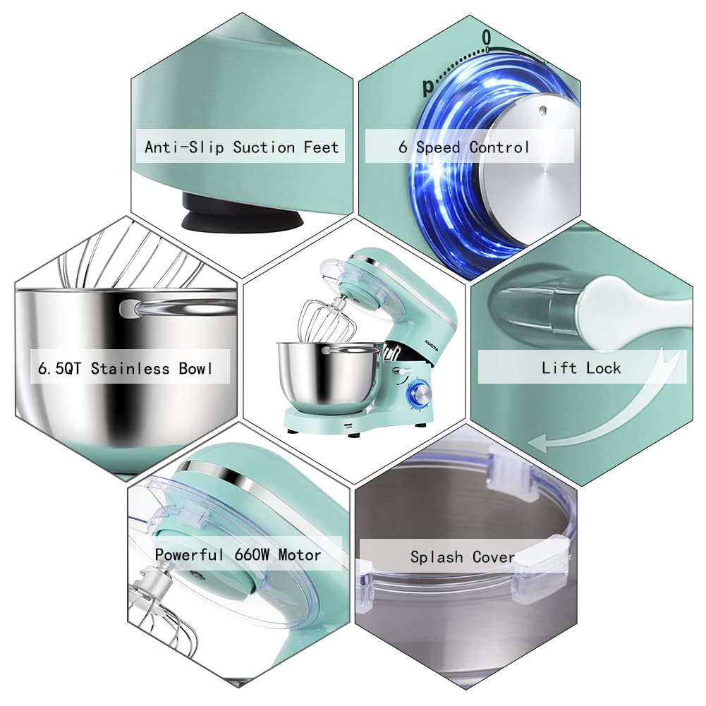 Stand Mixer,6.5-QT 660W 6-Speed Tilt-Head Food Mixer, Kitchen Electric Mixer with Dough Hook, Wire Whip & Beater