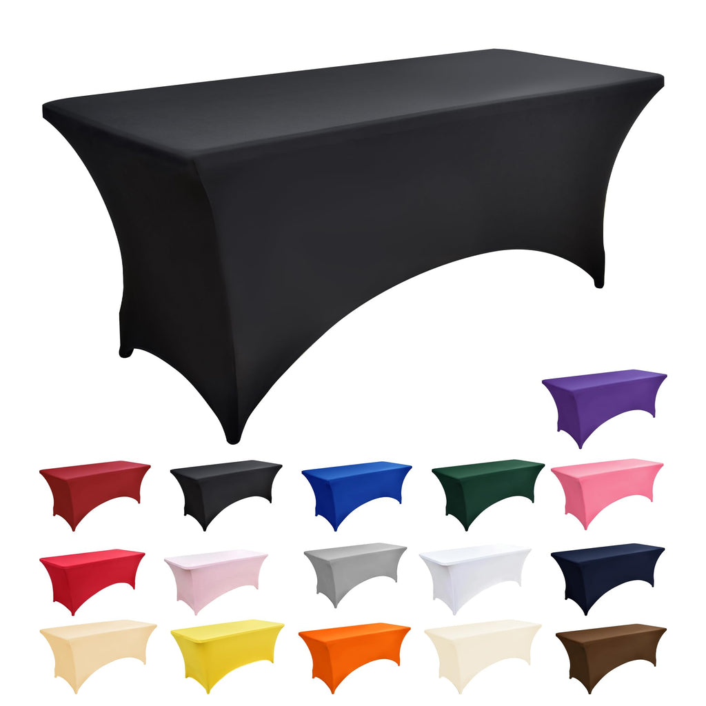 6-Pack 6ft Black Spandex Table Covers for Rectangle Standard Folding Tables - Wrinkle Resistant Stretch Tablecloths