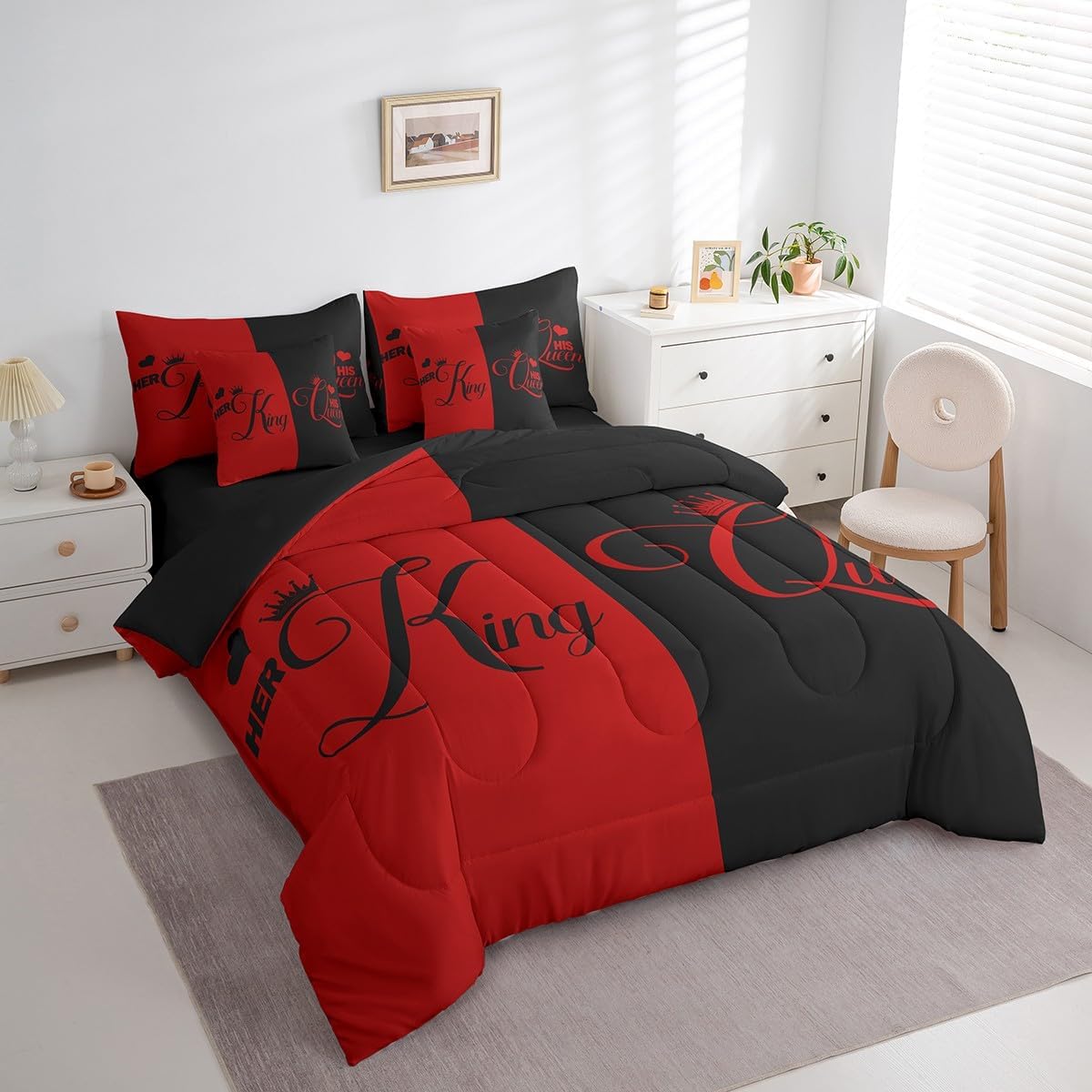 King and Queen Crown Bed in a Bag Comforter Set 7 Pieces, Her King and His Queen Bedding Set, Romantic Valentine's - Set of 7