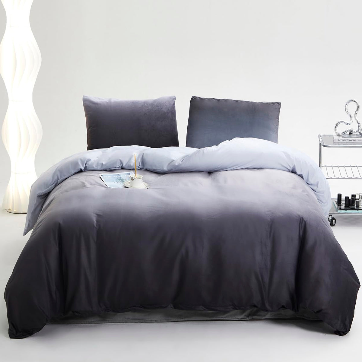 Gray White Gradient Comforter Set Gray Velvet Bedding Comforter Modern Plain White and Deep Gray Gradient Soft