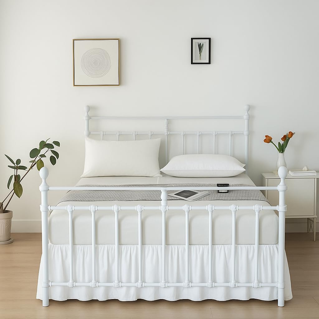 Ruffled Bed Skirt, White, 16 Inch Drop with Split Corners and Platform, Bed Skirt with Ruffles