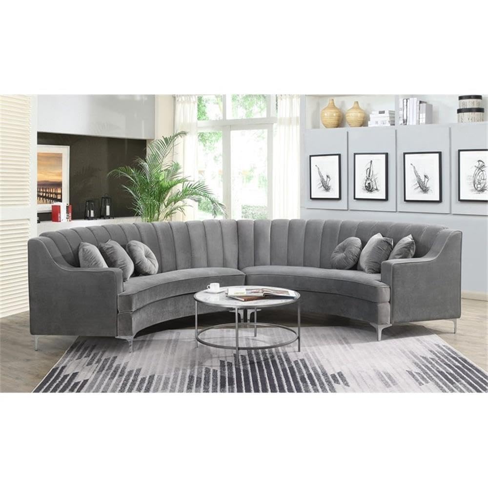 141" Modern Velvet Curved Symmetry Sectional Sofa with 6 Pillows, Solid Wood Base, Seats up to 5 People, in Gray