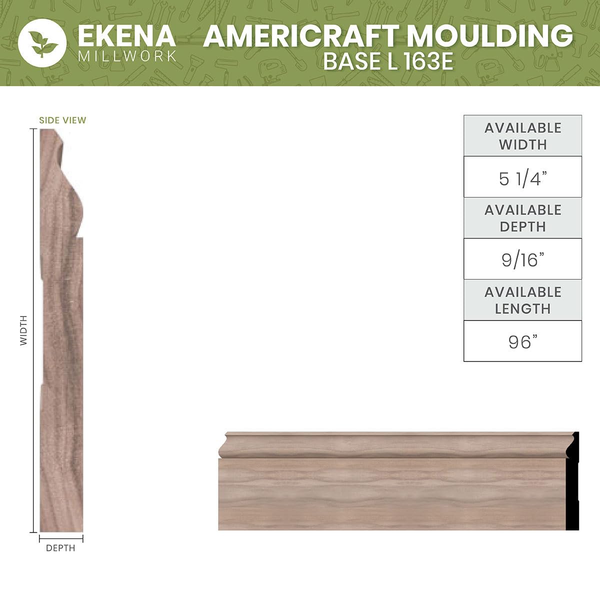 Baseboard Solid Hardwood Moulding, 9/16"D x 5 1/4"W x 96"L, Stain Grade White Oak