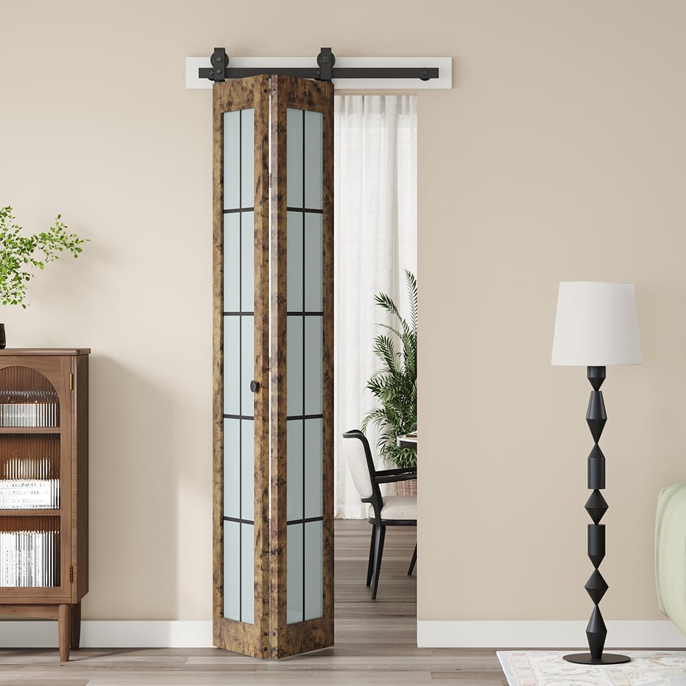 Preassembled Bifold Barn Door 30 x 84 in (Double 15x84in) with Bi-fold Door Hardware Kit, Frosted Glass Cross