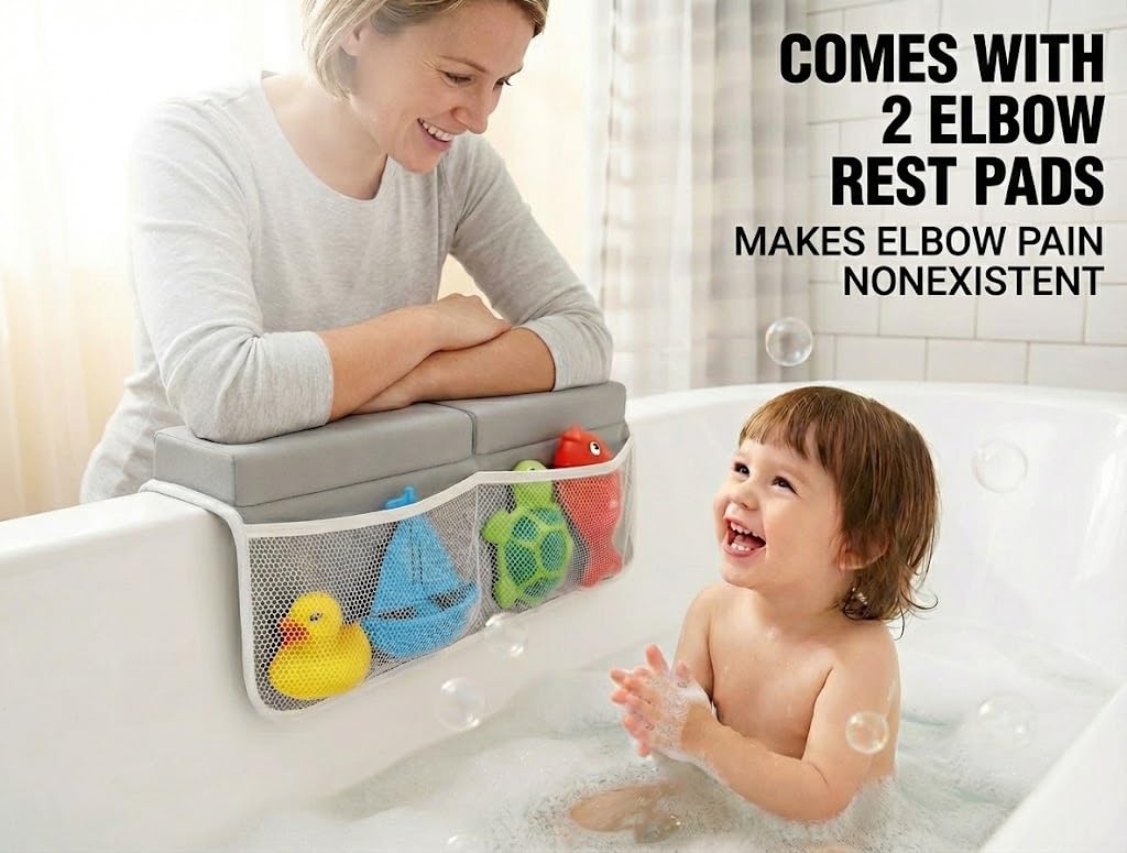 Comfortable Baby Bath Kneeler and Elbow Rest Pad - Thick Memory Foam Cushion - Non-Slip Mat with Toy Organizer
