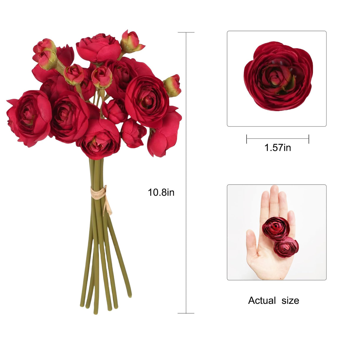 Artificial Ranunculus Flowers 18 Pcs Burgundy Faux Flowers
