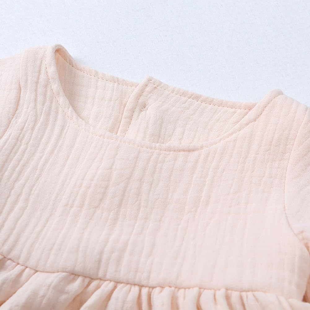 Boho Girls Muslin Smock Dress - Long Sleeve Double Gauze Cotton Dress for Toddlers,1,Beige