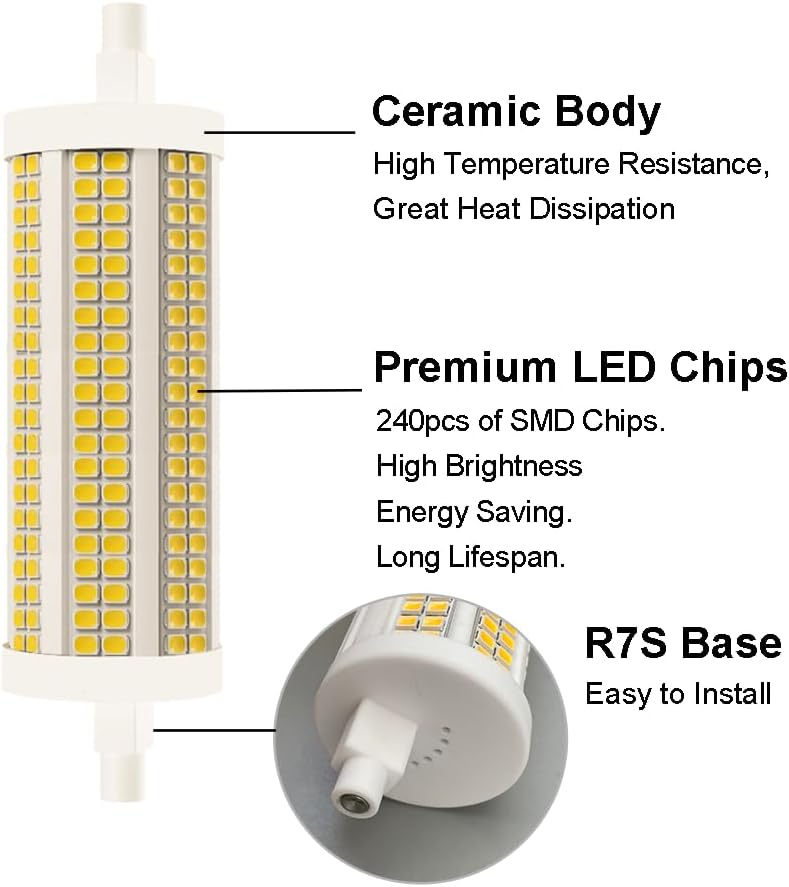 118mm R7S LED Bulb 30W, 300W T3 Halogen Equivalent, 3200 Lumen, Dimmable J Type Linear Double Ended Flood Light