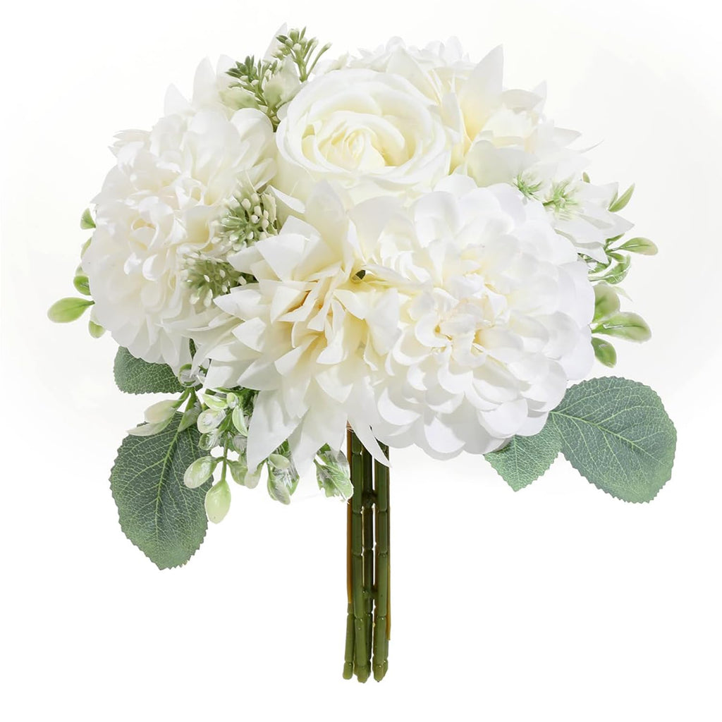 Wedding Bouquets for Bridesmaids, White Artificial Rose Flowers, Silk Bouquet Set for Bride, Church Ceremony Wedding