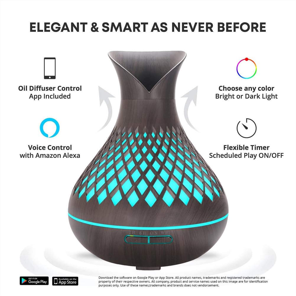 Smart WIFI Essential Oil Diffuser, 500ml Aromatherapy Diffuser Humidifier for Large Room, Works with Phone App &