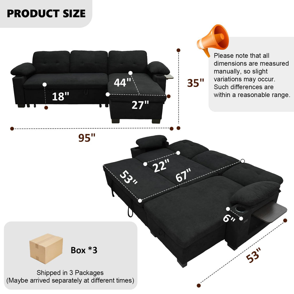 93" L Shaped Sleeper Sofa Bed, Pull Out Sectional Couch with Storage Chaise/Reclining Backrest, Sectional Couches