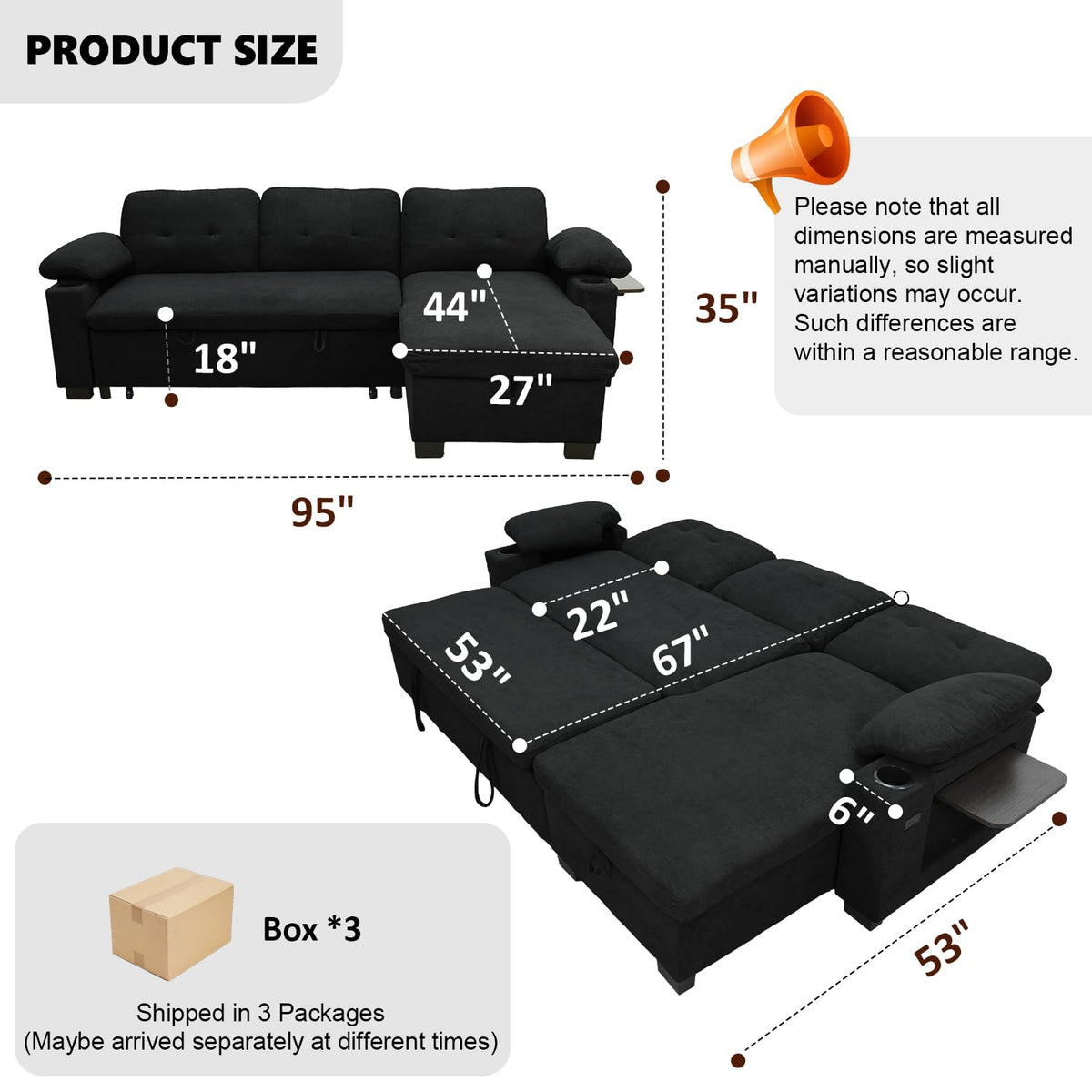 93" L Shaped Sleeper Sofa Bed, Pull Out Sectional Couch with Storage Chaise/Reclining Backrest, Sectional Couches