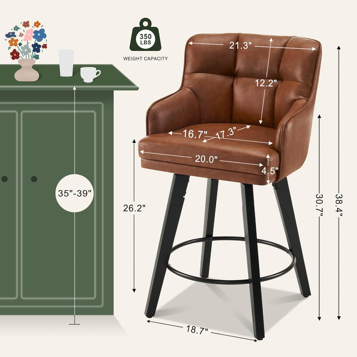 360°Swivel Counter Height Bar Stools with Back, 26 inch Solid Wood Legs, Bar Stool Modern Kitchen Island Chairs, Faux