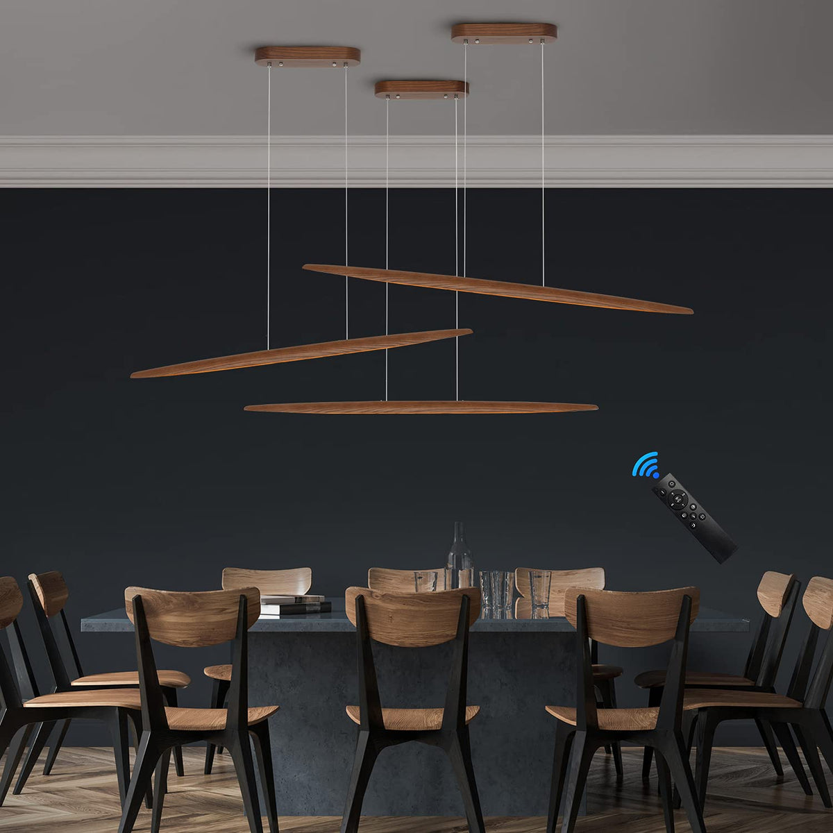 39" Wood Linear Pendant Light LED Dimmable Hanging Light Dinning Room Light Fixture Island Lights 24w Kitchen Island