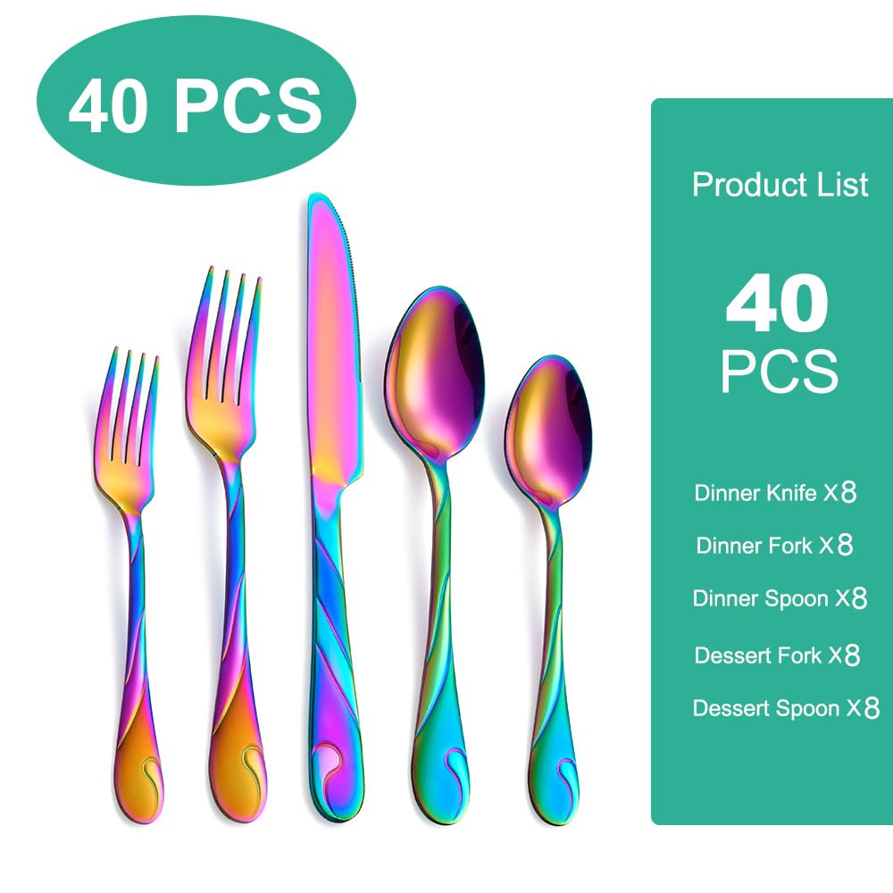 Rainbow Silverware Set, 40-Piece Stainless Steel, Service for 8