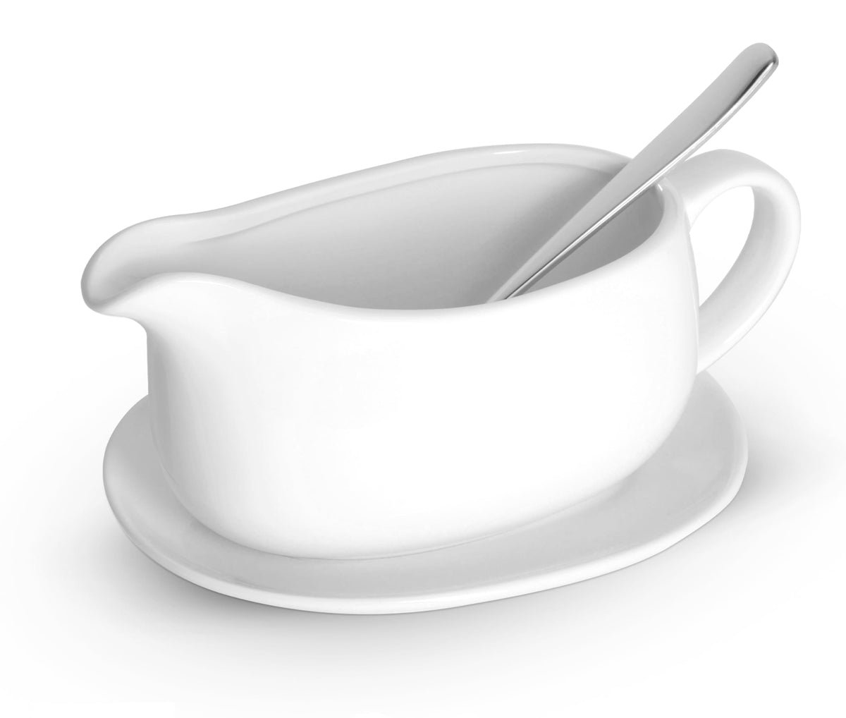 Ceramic Gravy Boat with Saucer & Spoon, 23.8 oz, White