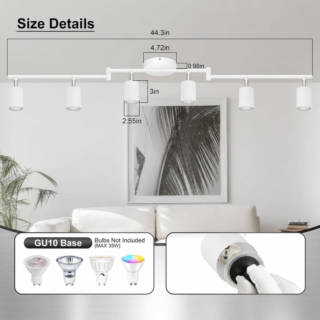 6 Light Track Lighting Fixtures Ceiling, Matte White Kichen Track Lighting Fixtures with Rotatable Light Heads