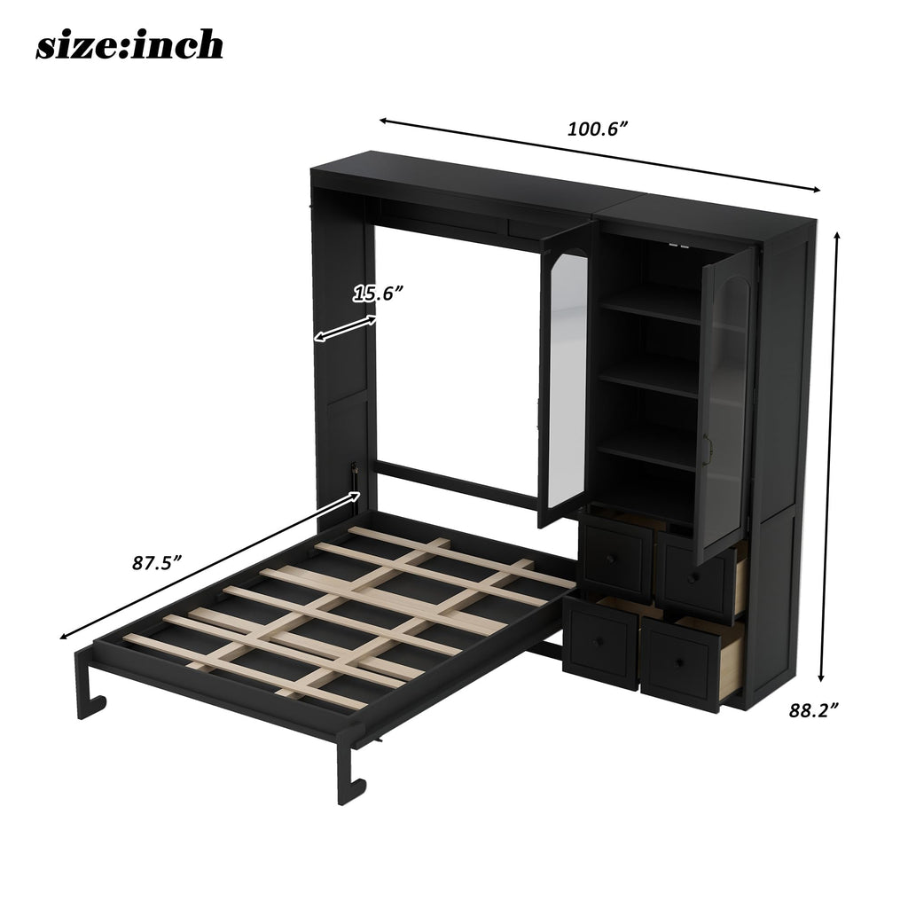 Queen Murphy Bed with Storage Drawers and Cabinet, Solid Wood Foldable Hidden Vertical Murphy Wall Bed with Storage