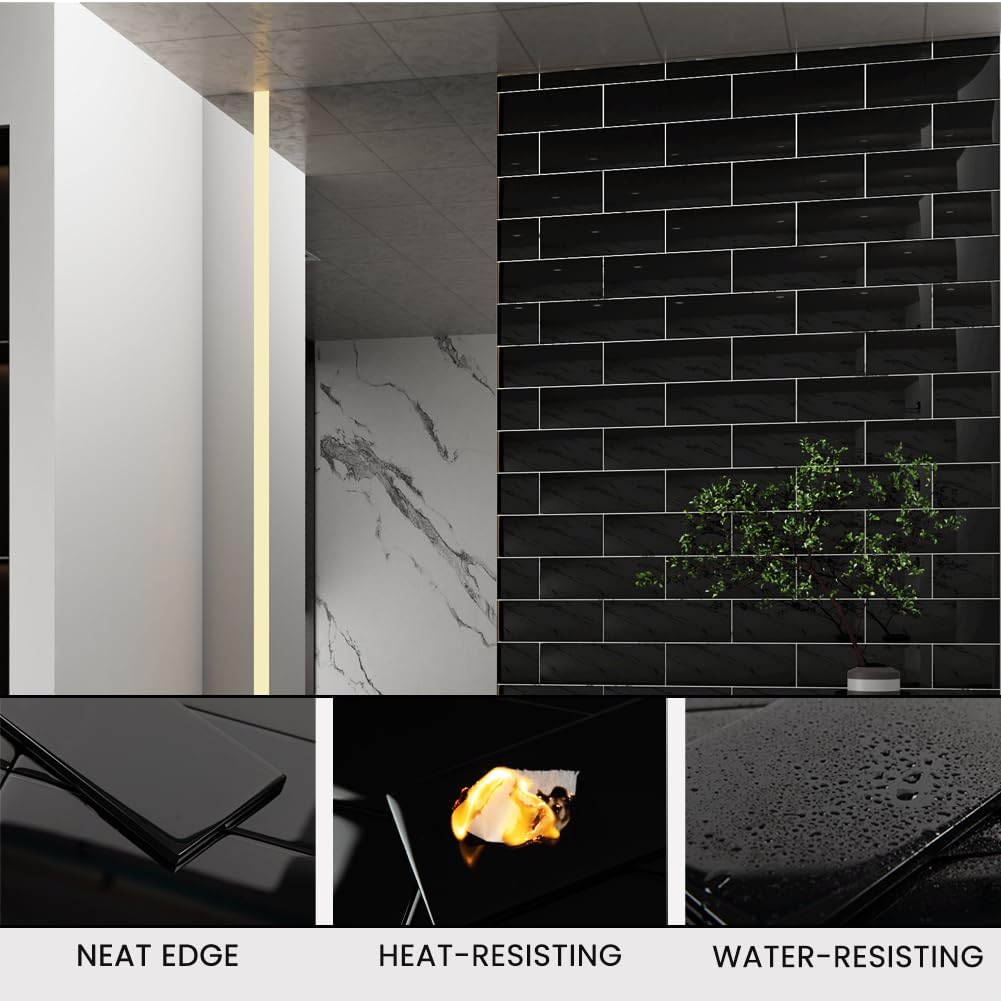 Black Glass Subway Tile 4 x 12 Inch Backsplash Bathroom Shower Wall Pack of 12 Pcs 4 sq.ft