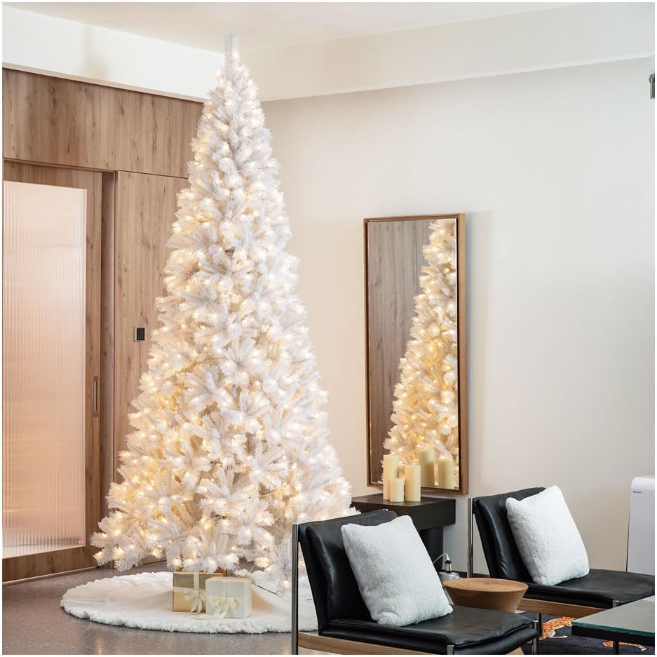 Pre-Lit White Pine Full-Size Artificial Christmas Tree with 800 Warm White Lights, Three Function, Aspen