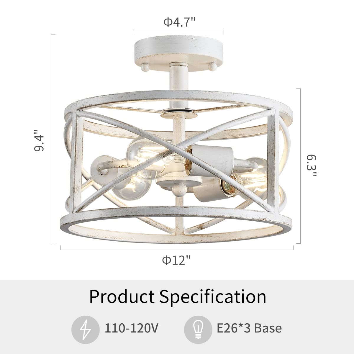 Chandelier 3-Light Vintage Farmhouse Industrial Semi-Flush Mount Ceiling Light Lighting Fixture for Foyer Bedroom