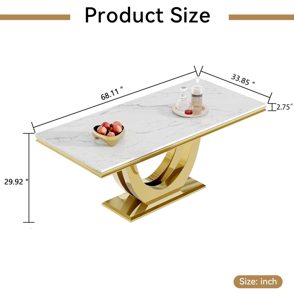 Luxury White Marble Dining Table for 4-6 People Rectangular Faux Marble Kitchen Table 68" Large Long Dining Room