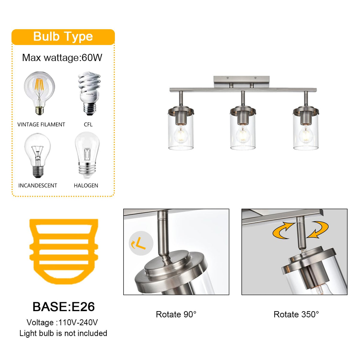 Modern Semi-Flush Mount Ceiling Light 3-Light Adjustable Ceiling Spotlight Brushed Nickel Kitchen Track Lighting