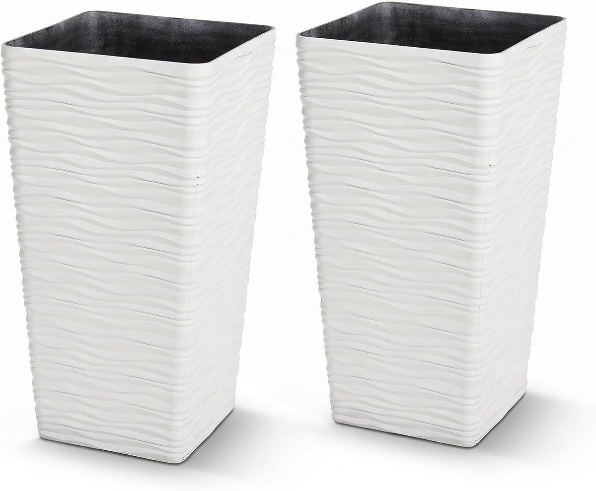 22" Tall Planters Set of 2 - White Square Plant Pots with Drainage Hole - Modern Large Tapered Matte Wavy Tree Flower