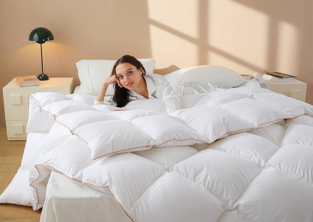 Down Comforter - All Season Medium Weight Fluffy White Duvet Insert, Warm Feather Bedding, Soft 100% Cotton Cover