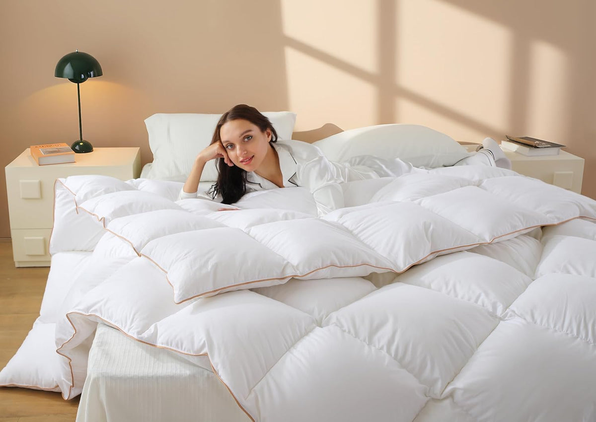 Down Comforter - All Season Medium Weight Fluffy White Duvet Insert, Warm Feather Bedding, Soft 100% Cotton Cover