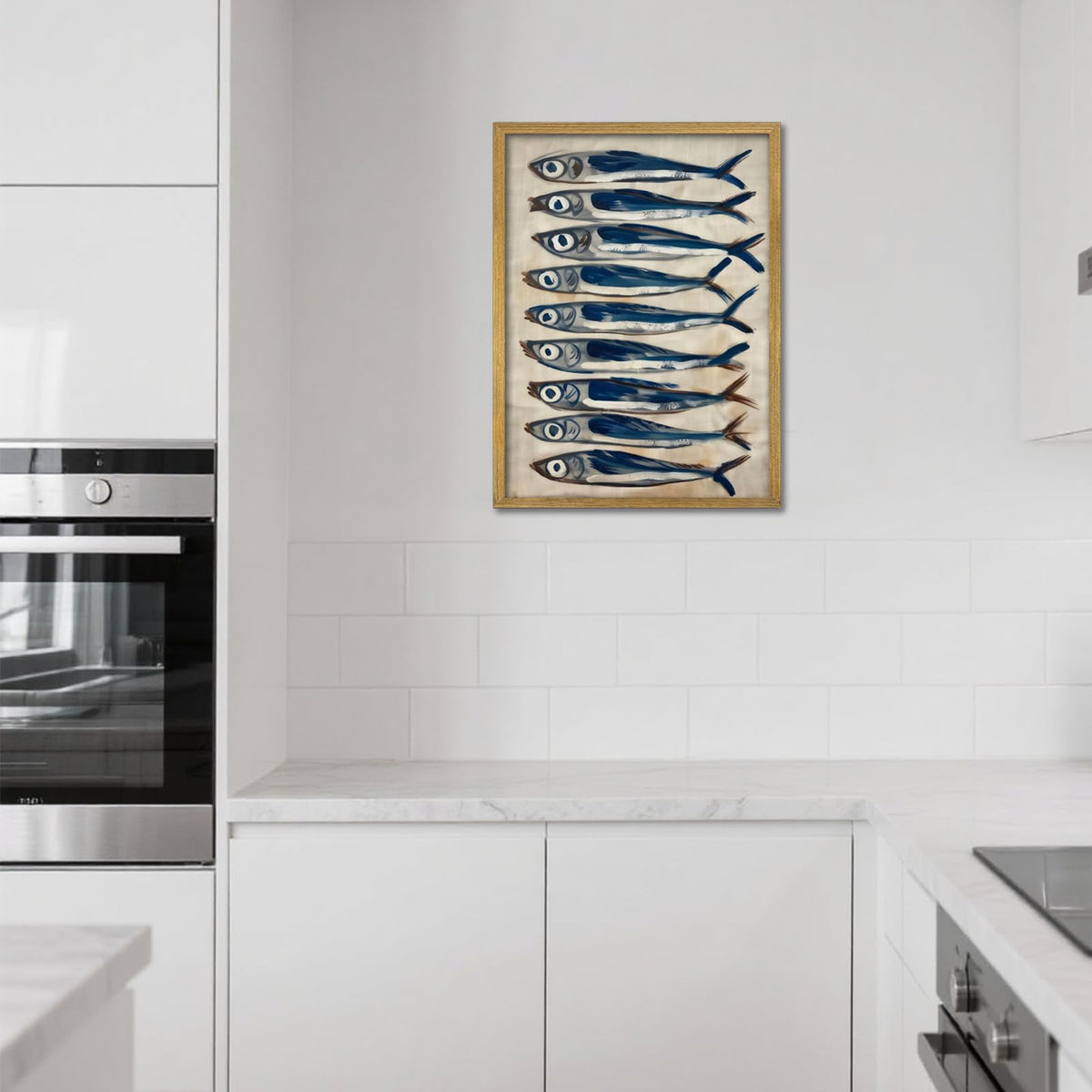 Coastal Sardine Wall Art Framed Nautical Fish Poster Rustic Beach House Wall Decor Kitchen Dining Room Sea Life