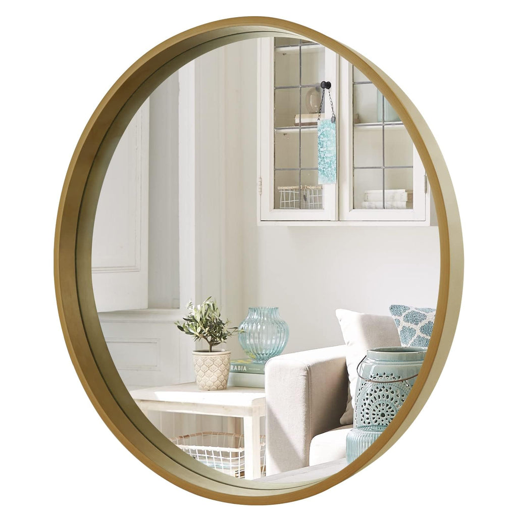 Round Mirror with Wood Frame, 28" Circle Modern Decoration Large Home Decor Mirror Living Room Bedroom Entryway (28"