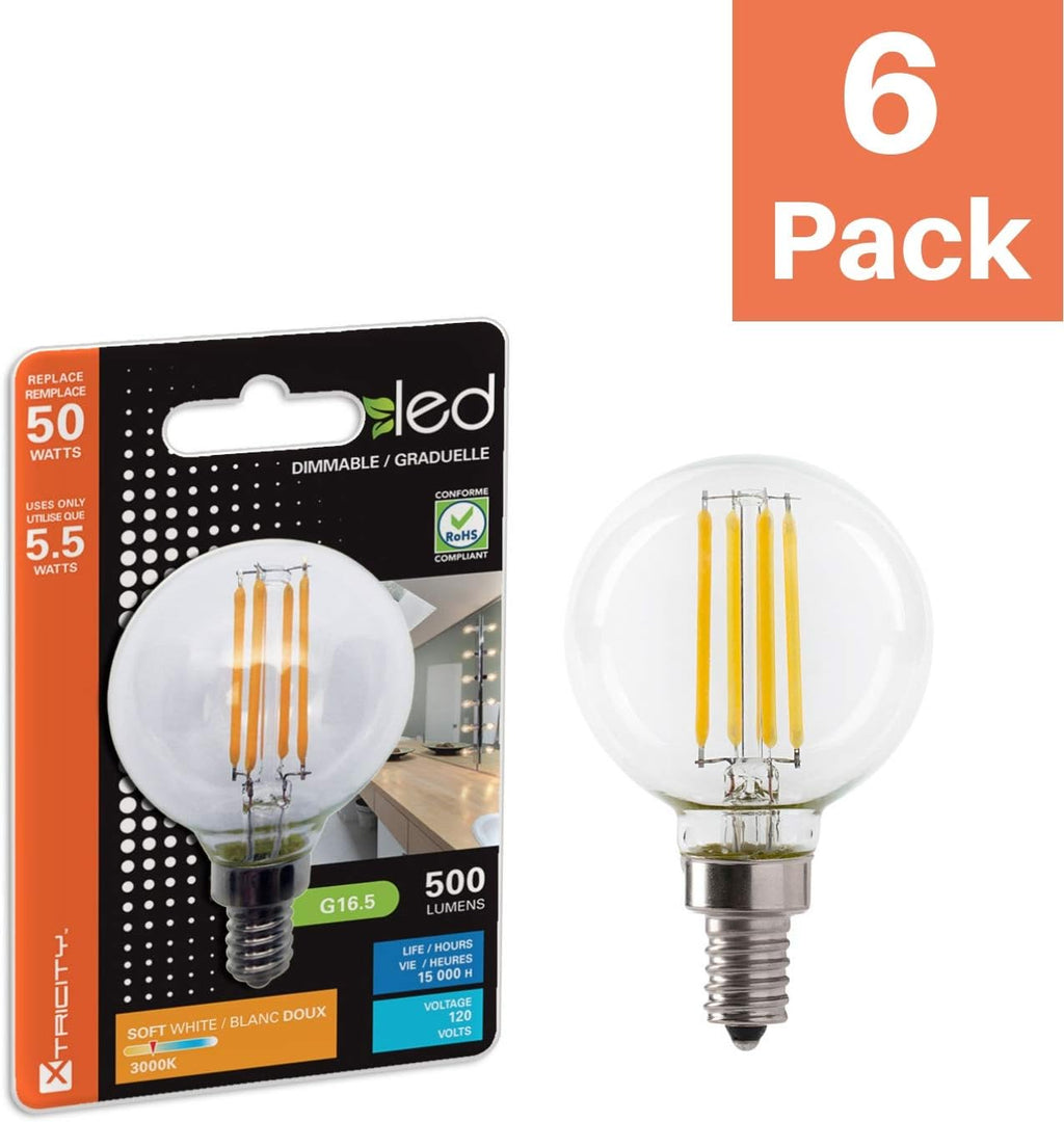 LED 5.5W G16.5 Clear Globe Filament Light Bulb, 50W Equivalent, 500 Lumens, 3000K Soft White, E12 Candelabra Base