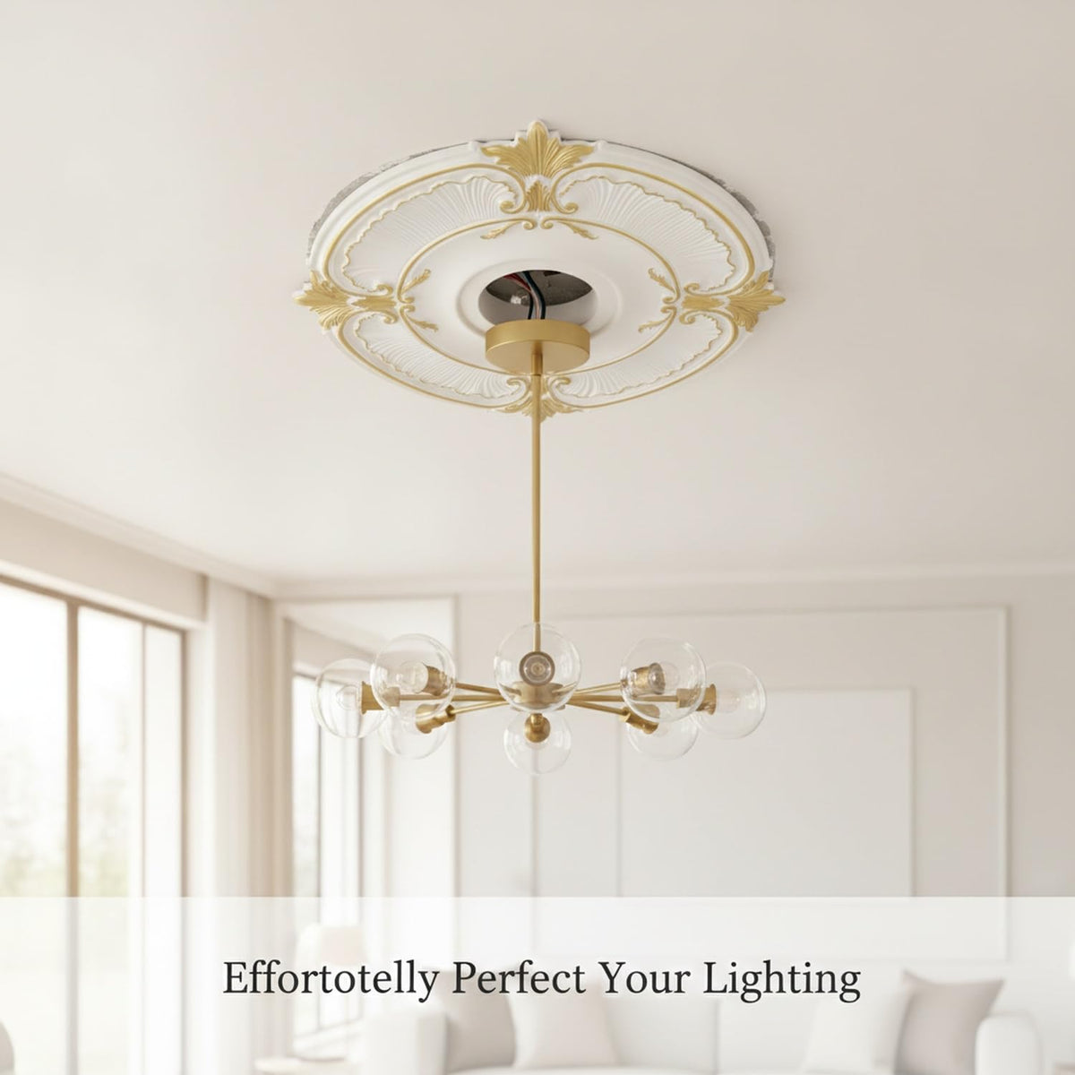 Easy Install Ceiling Medallion for Light Fixtures, Gold Polyurethane Decorative Ring Hides Gaps and Hardware (1 Piece)