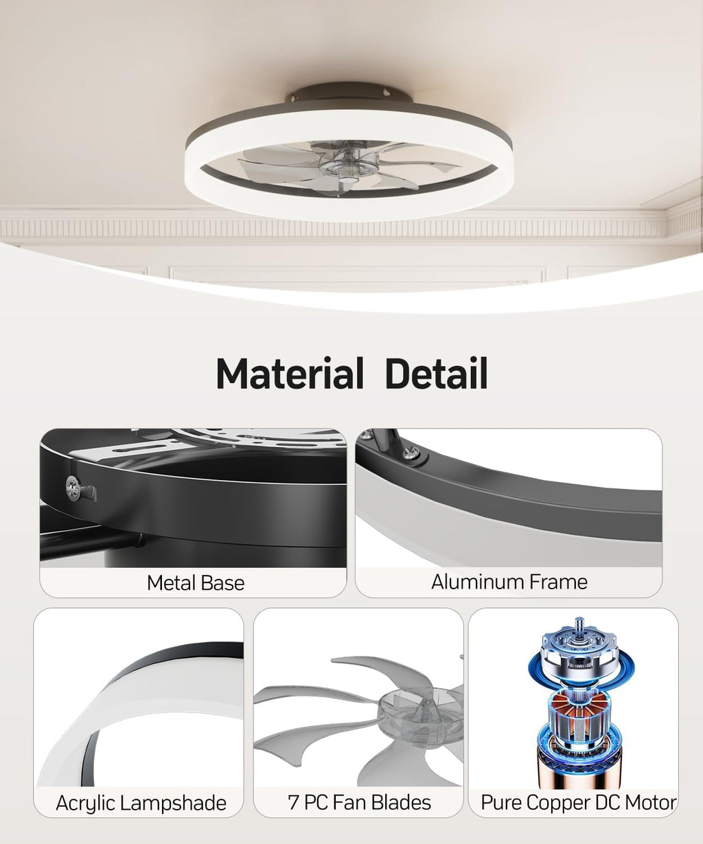 20" Black Smart Flush Mount Ceiling Fan with Light & Remote