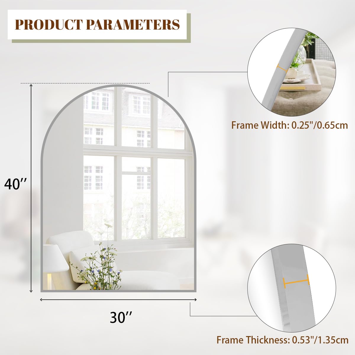 30"x40" Arch Bathroom Wall Mirror, Silver