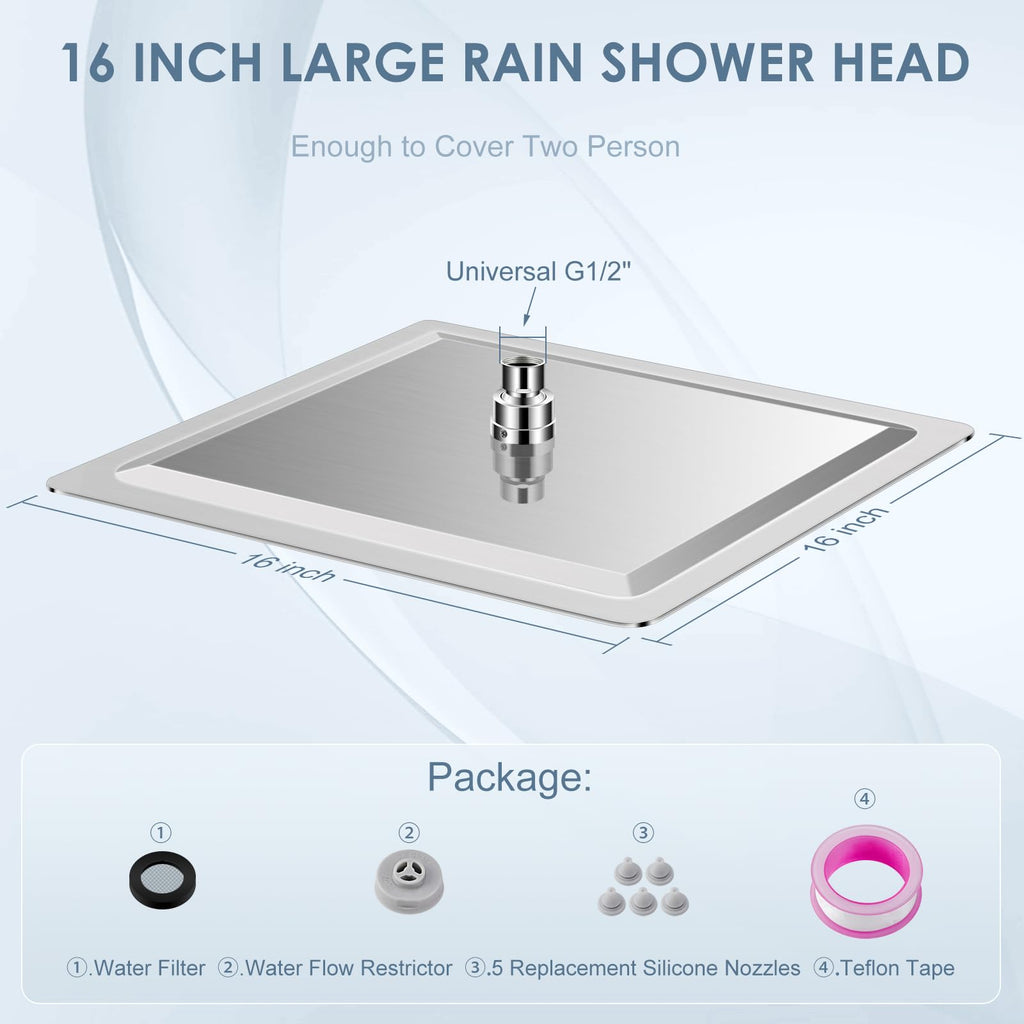 16 inch Brushed Nickel Large Rain Shower Head - All Metal 304 Stainless Steel, Full Body Rainfall Shower with 324