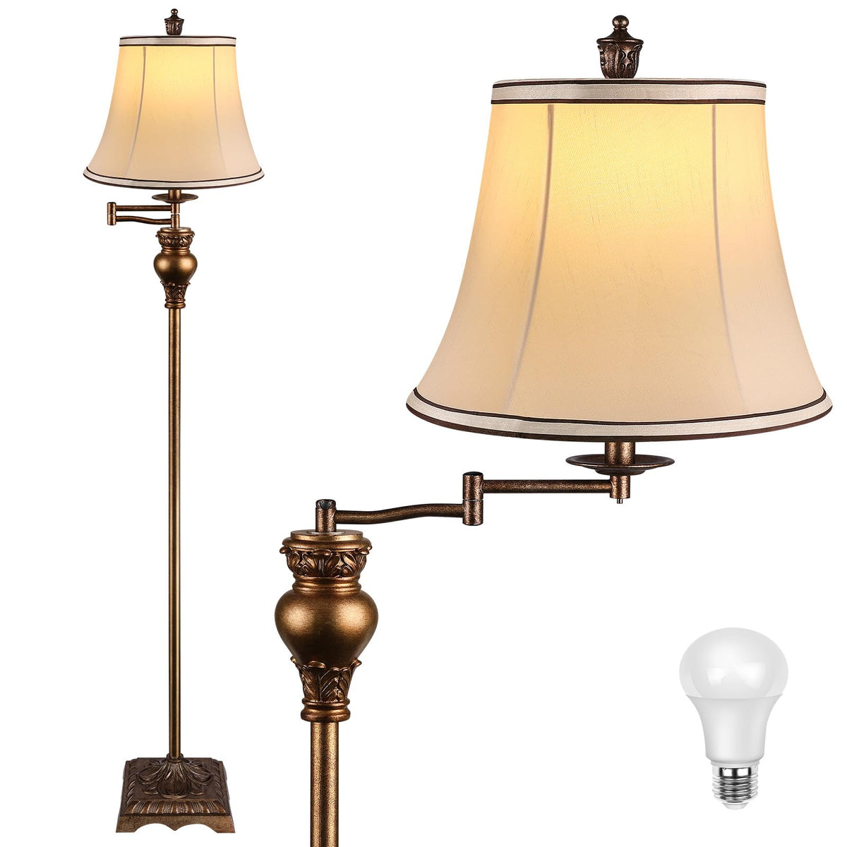 Vintage Floor Lamps,Traditional 350° Adjustable Swing Arm Farmhouse Floor Lamp, Rustic Standing Lamp Pole Lamps
