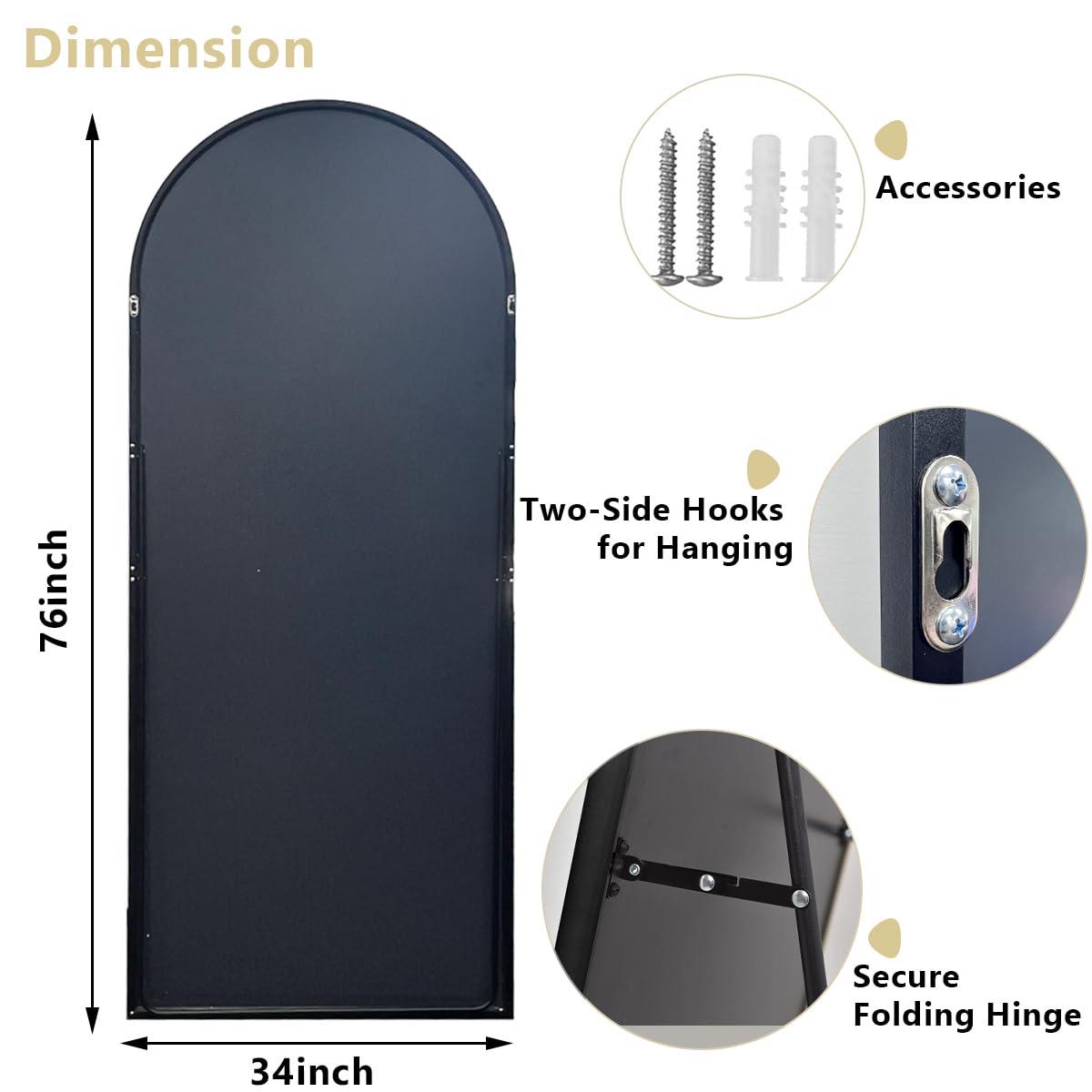 Oversized Full-Body Mirror, 76" x 34" Arched Full-Length Mirror, Black Metal Frame, Floor Mirror, Living/Dressing