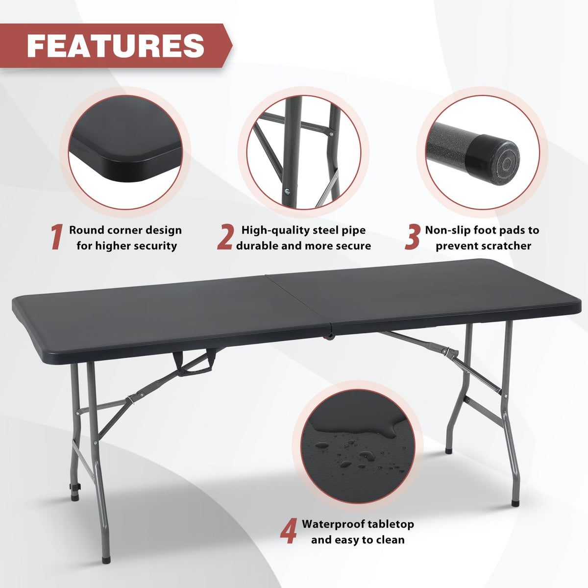 6FT Folding Table | Black | Portable Plastic Table