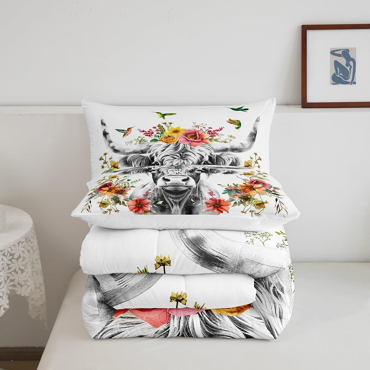 Highland Cow Floral Comforter Set Bull Cattle Flower Bedding Set Wildlife Farmhouse Cow Quilt Hummingbird
