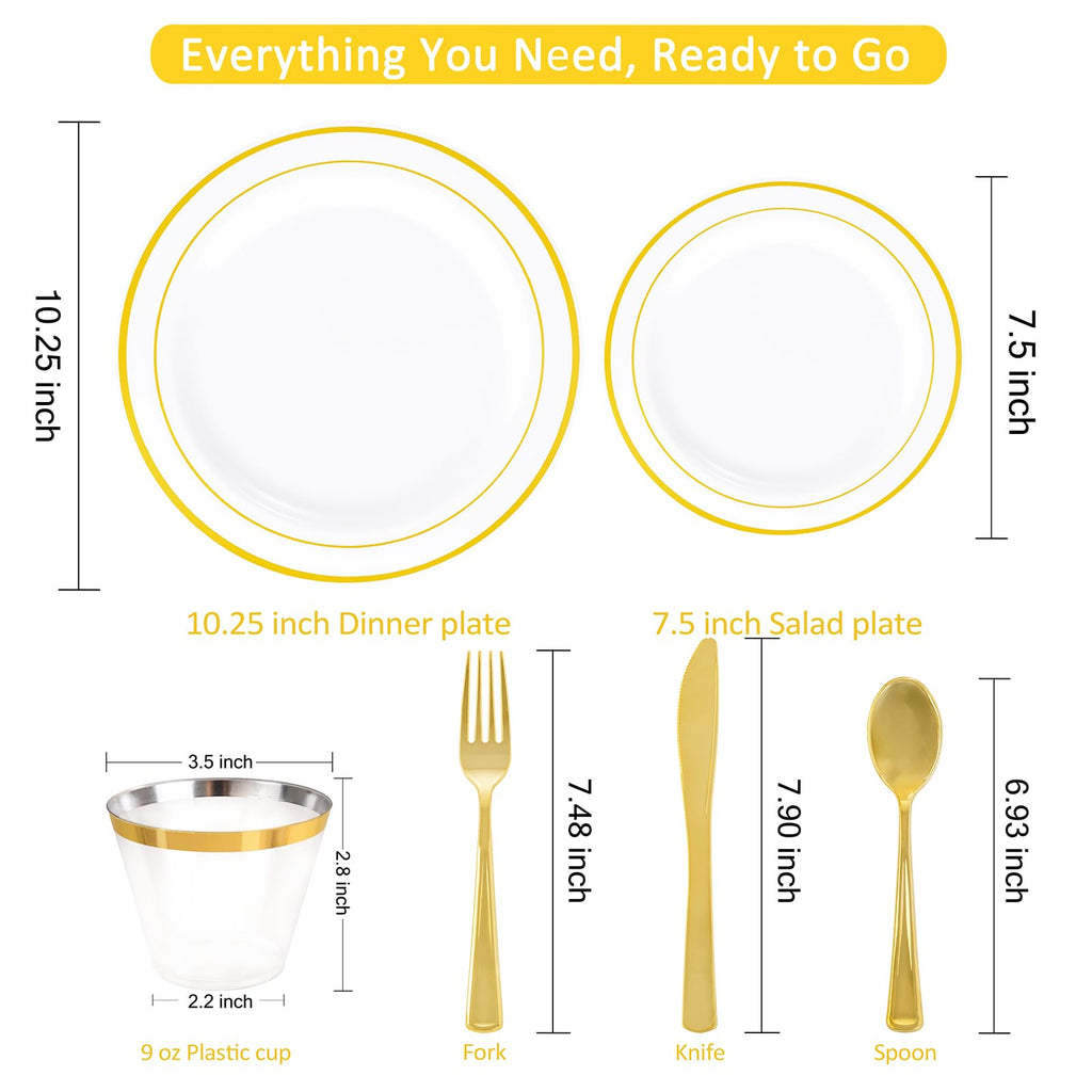 Disposable Plates & Gold Silverware Set, 350 Pieces for 50 Guests