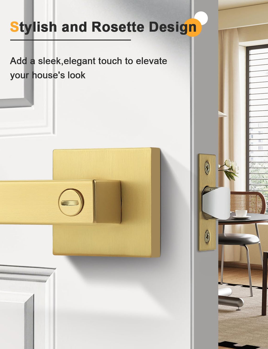 4 Pack Heavy Duty Gold Square Privacy Interior Door Levers, Satin Brass Finish, Bedroom and Bathroom Door Handles